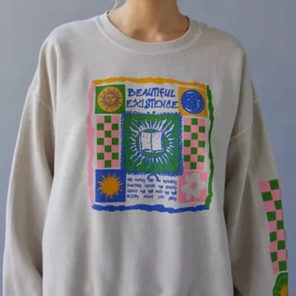 UO Urban Outfitters S M Unisex Beautiful Existence Crewneck Tan Sweatshirt Flaw - Picture 2 of 9